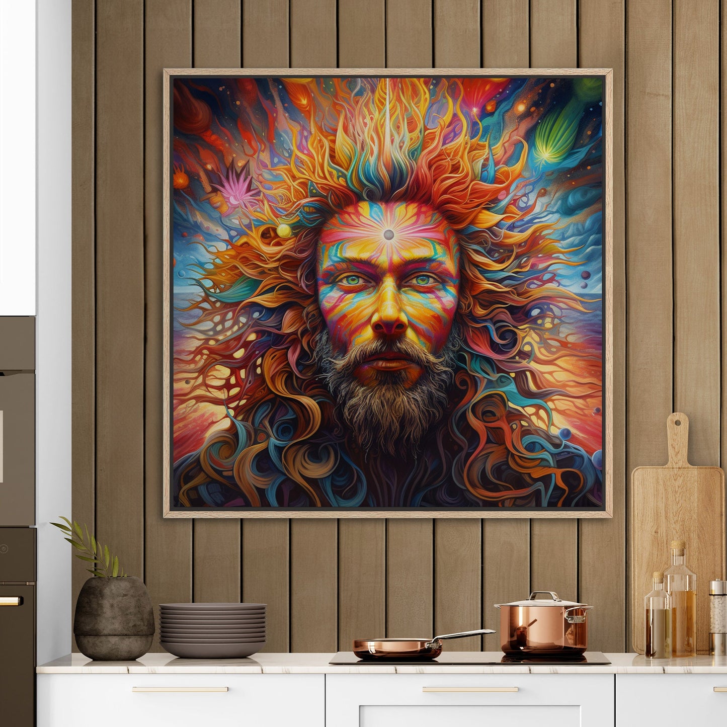 Psychedelic portrait of Oden with flowing rainbow hair