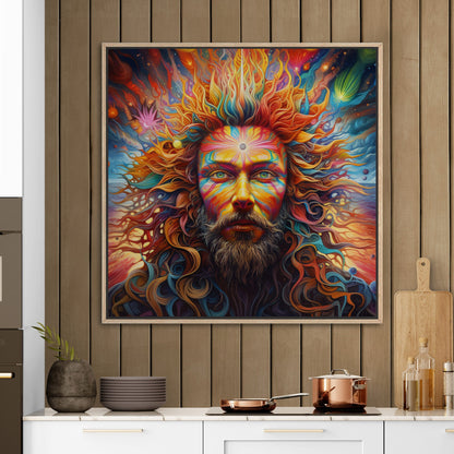 Psychedelic portrait of Oden with flowing rainbow hair