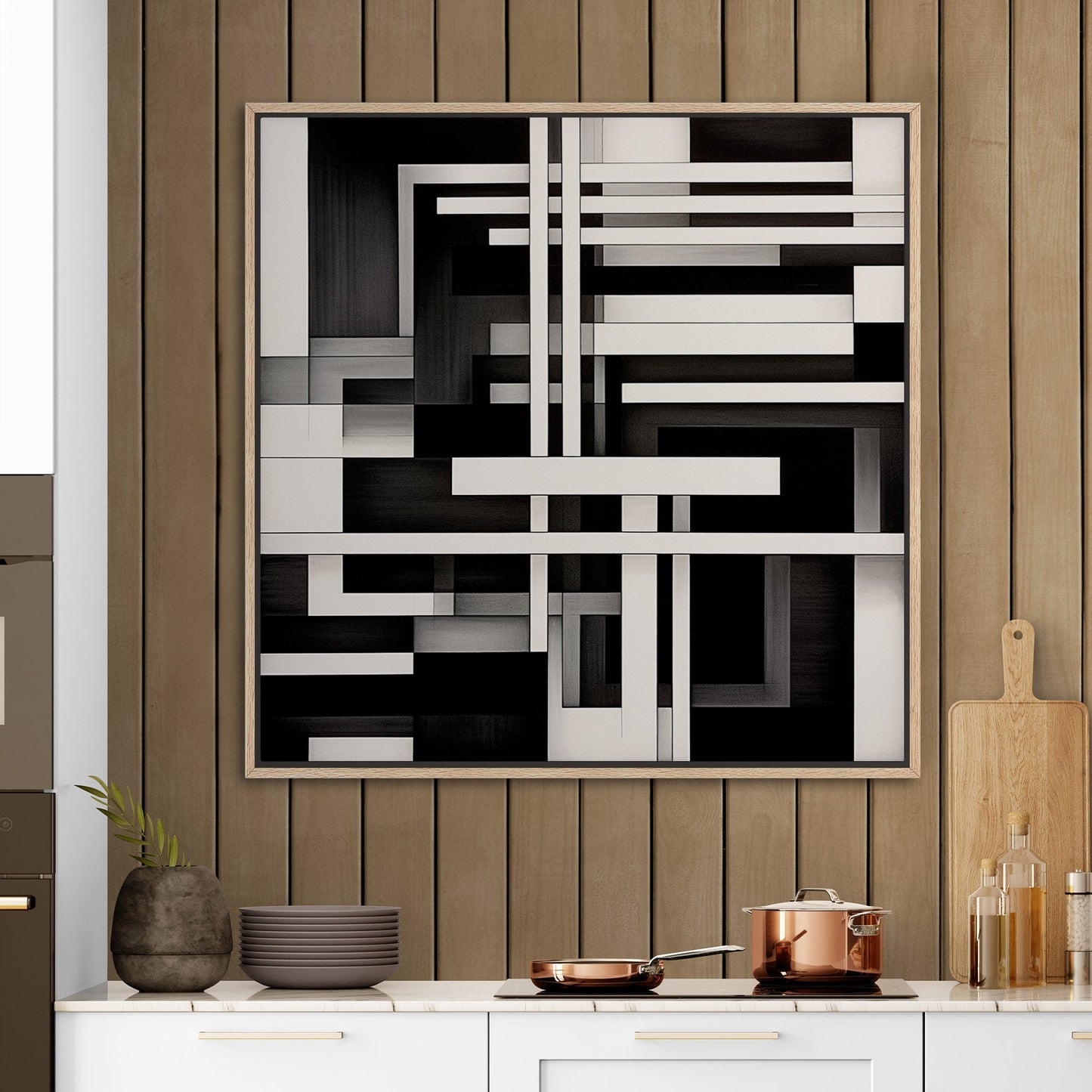 Black and White Geometric Abstract Painting - Sleek Serenity