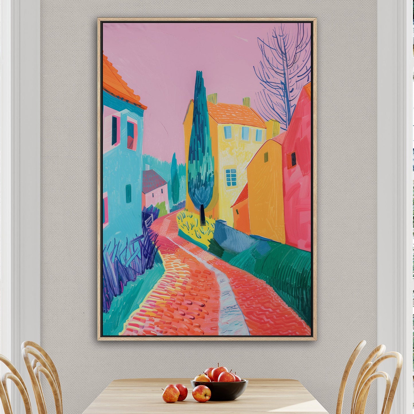 Village Street with Buildings in Vibrant Colors - Tranquil Stroll Escape