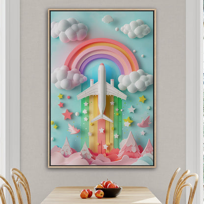 Whimsical paper-cut art featuring plane - Dreamy Rainbow Flight