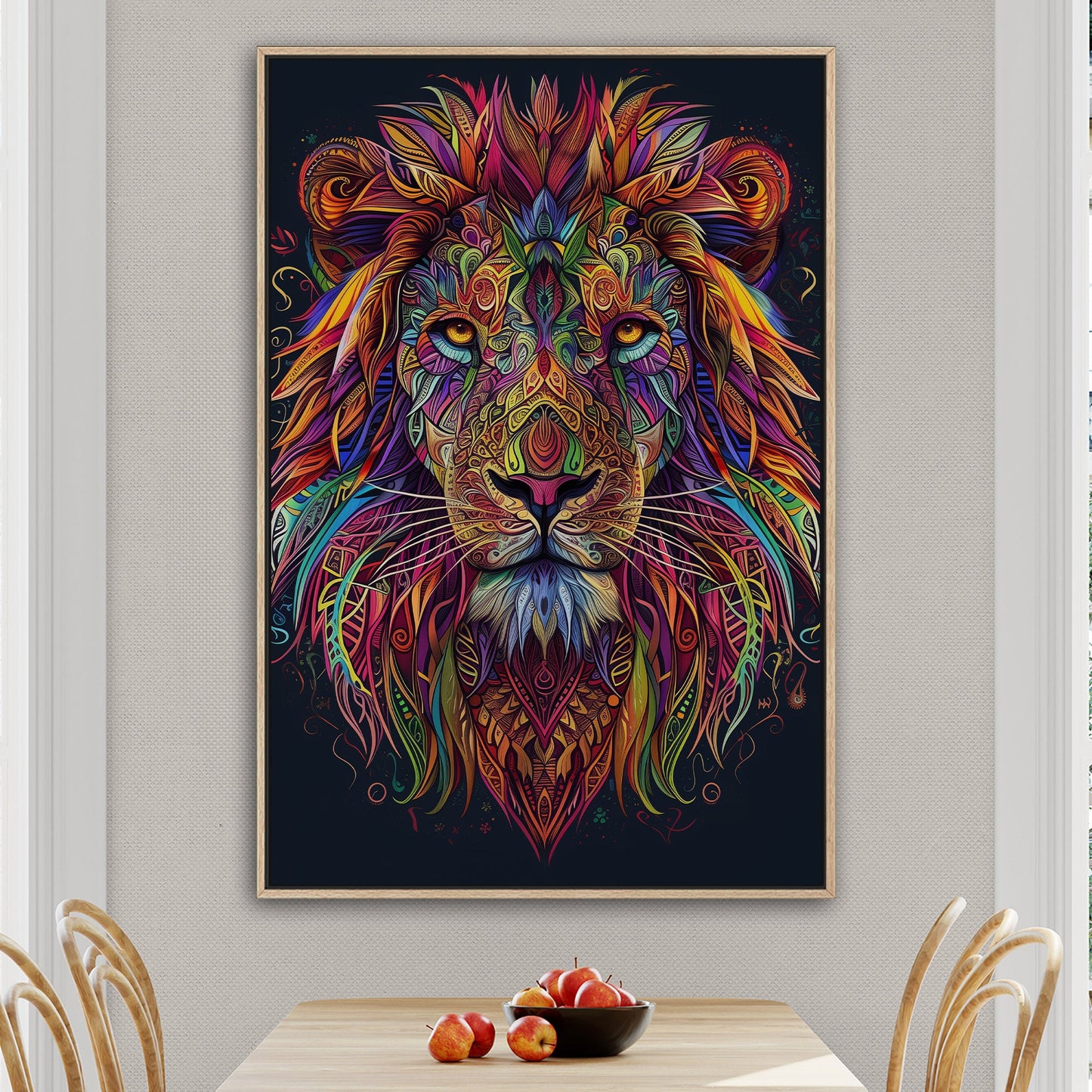 Multicolor Vibrant Digital Drawing of Majestic Lion Face - Lion's Vibrant Mandala Dance