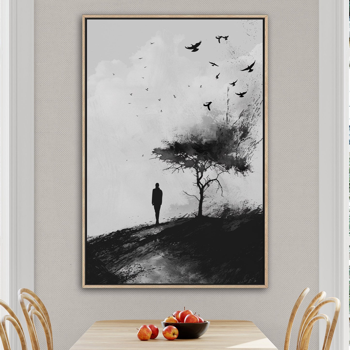 Painting of Silhouetted Man by a Tree with Blackbirds- Elegance in Monochrome