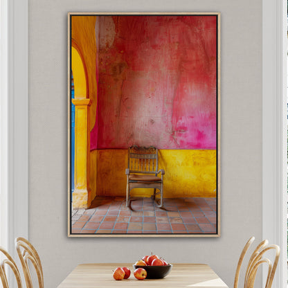 Old Wooden Chair Against a Textured Wall - Vibrant Still Life