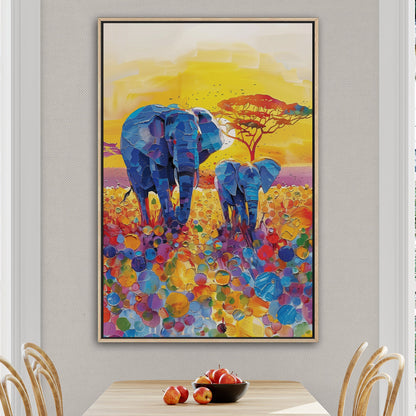 Impressionist Elephant with Child Wandering the Sahara - Elephant Bonding at Sunset