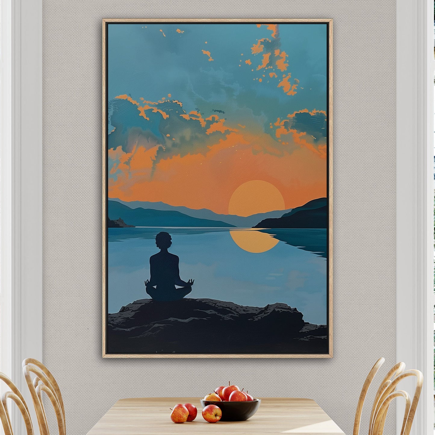 A serene landscape with a person meditating at sunrise: Transcendental Dawn Awakening