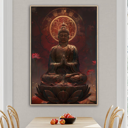 Buddha Statue in Lotus Position, Red Hues - Serene Ascension