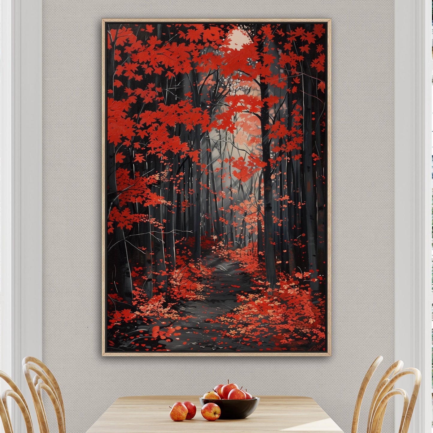 Japanese red maple grove, golden rays, handmade - Elevate Your Space