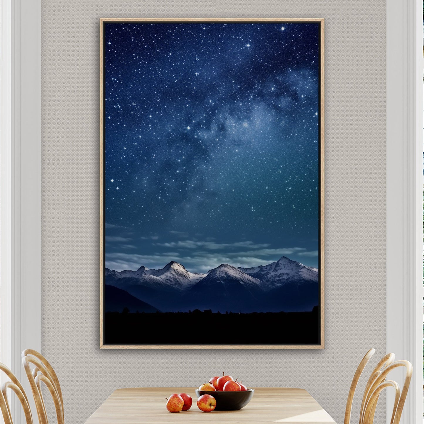 Painting of Star-filled Sky at night with Mountains as Backdrop - Starry Serenity at Midnight