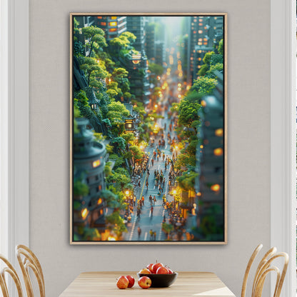 Tilt-shift image of a miniature city street with trees and little people - Avenue of Dreams