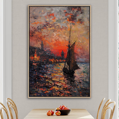 Impressionist Landscape of Sailboat Arriving at a Town - Sunset Dreams Over Lisbon Skyline Monetized