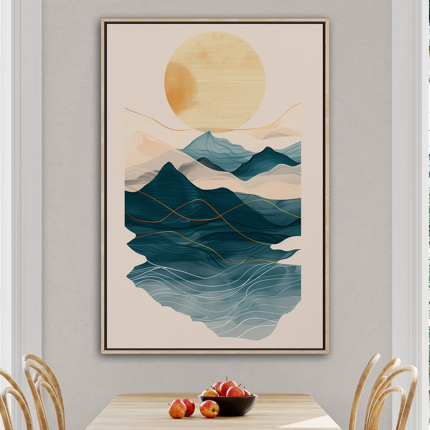 Abstract wall art featuring ocean waves, mountains, and sun - Tranquil Nature Revival