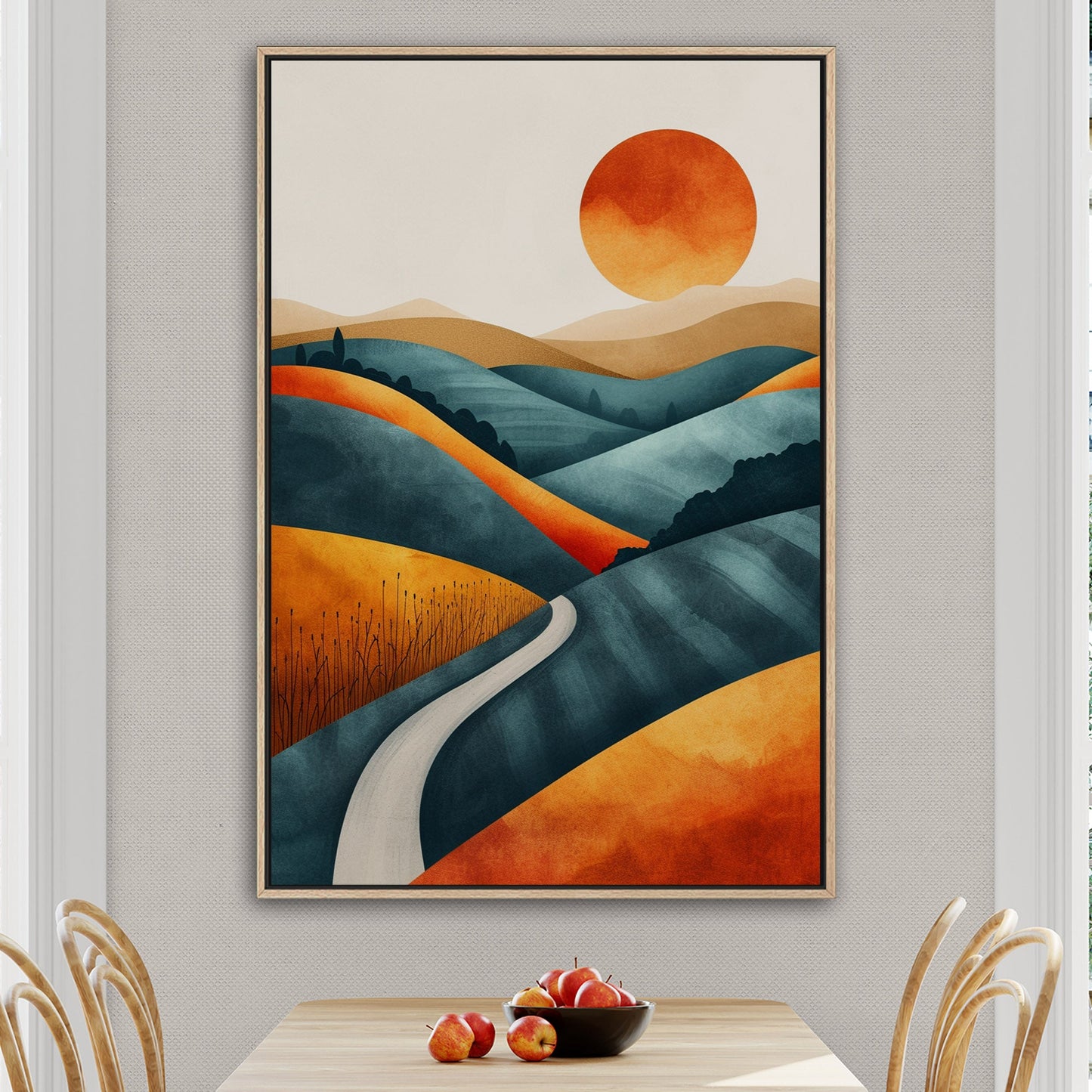 Abstract Hills at Sunset in Orange and Blue - Vivid Dreamscape: Path to Serenity