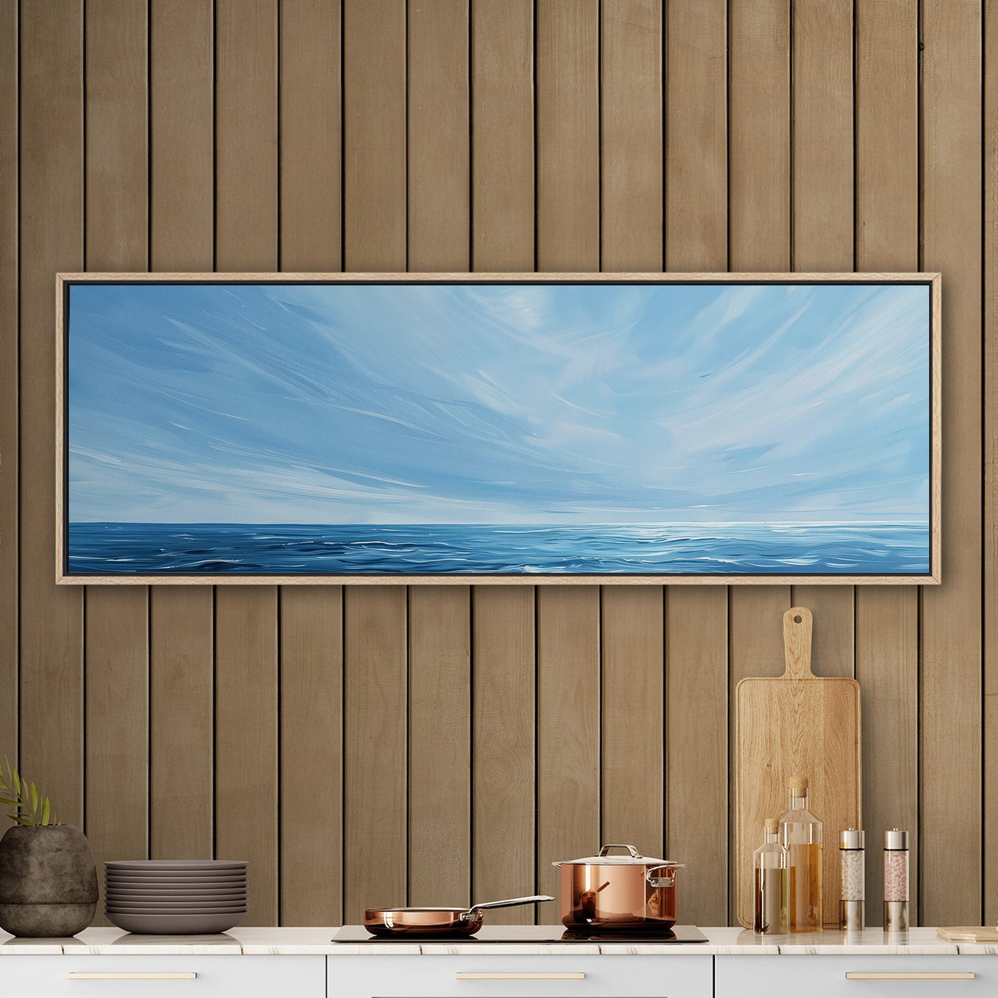 Minimalist abstract brush stroke painting of ocean and blue sky - Tranquil Seaside Serenity