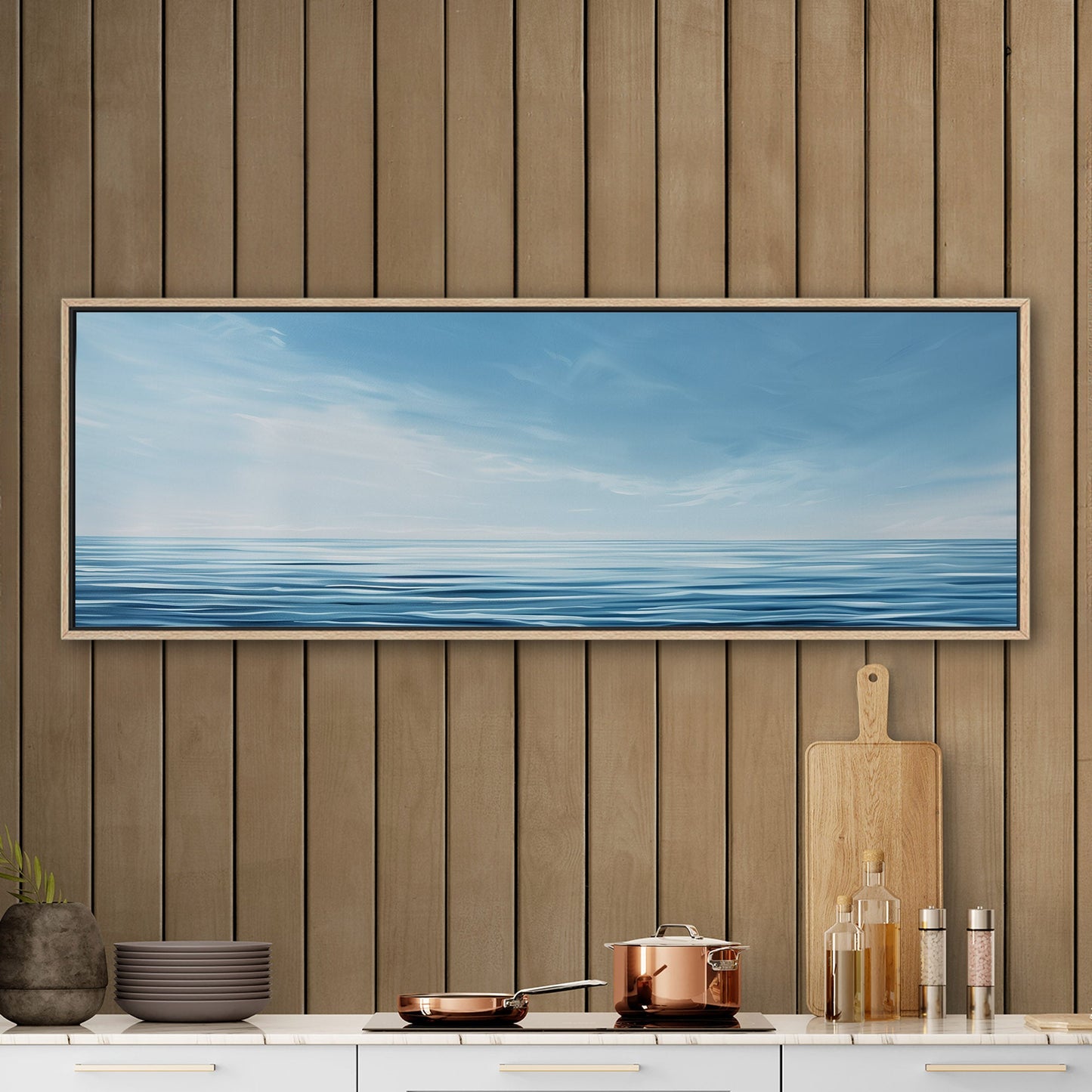 Minimalist abstract brush stroke painting of ocean and blue sky - Tranquil Serenity