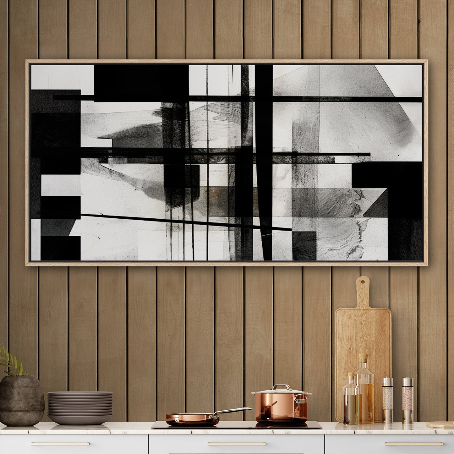 Black and White Geometric Abstract Painting - Sleek Geometry: Monochrome Dreams