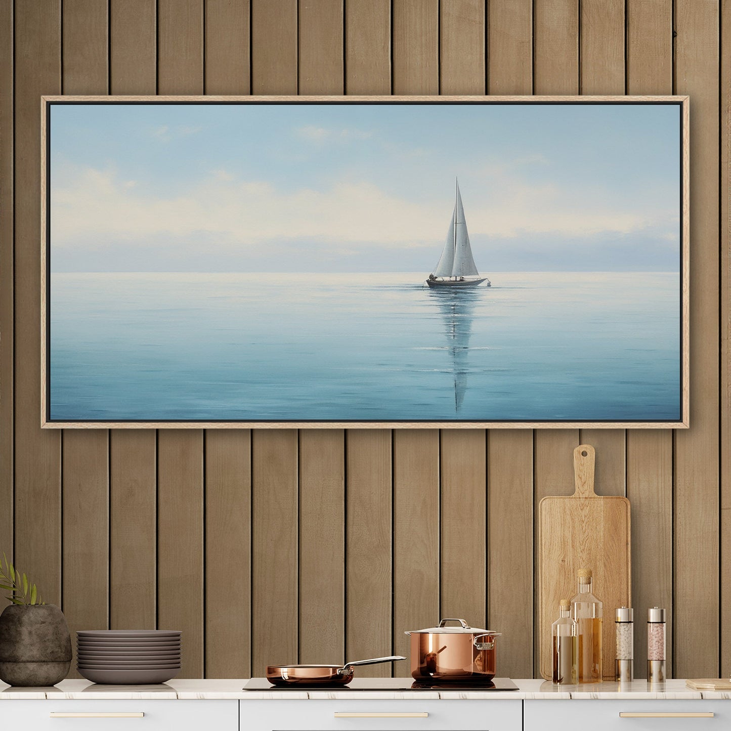 Tranquil seascape with solitary sailboat - Peaceful Horizon