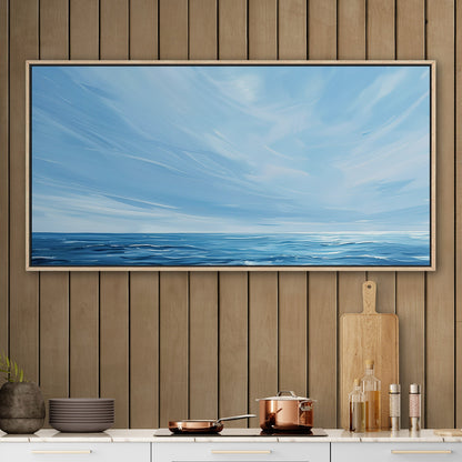 Minimalist abstract brush stroke painting of ocean and blue sky - Tranquil Seaside Serenity