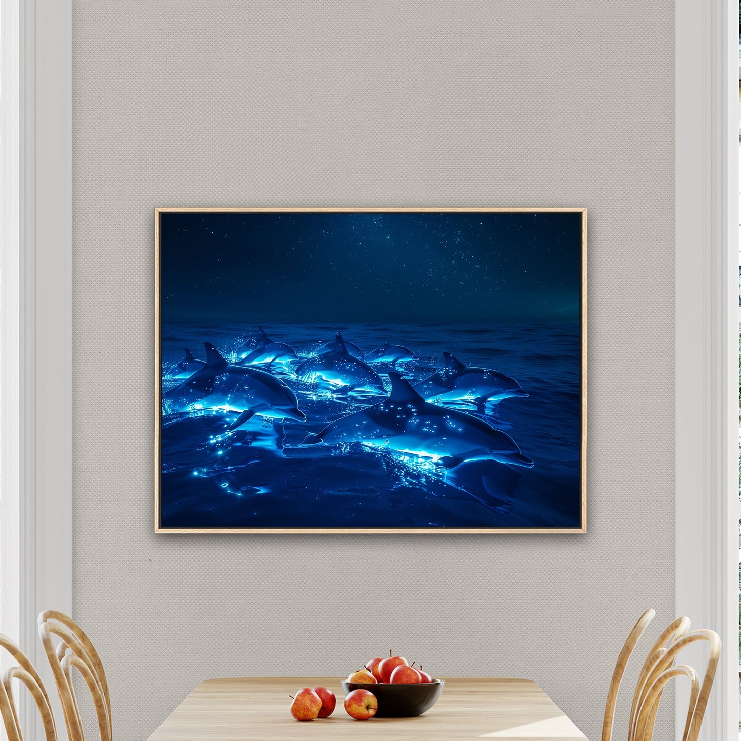 Dolphins Illuminated in Blue Swimming at Night - Glowing Dolphins Under Starlight