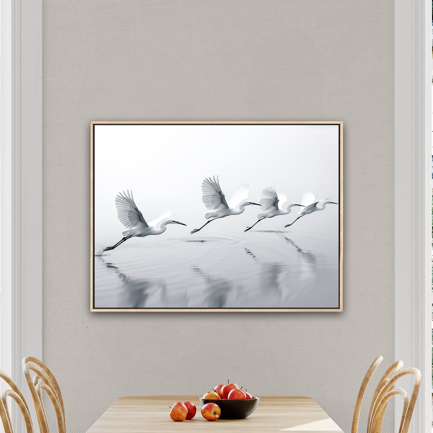 Tranquil wall art depicting elegant egrets flying over serene lake - Serene Flight