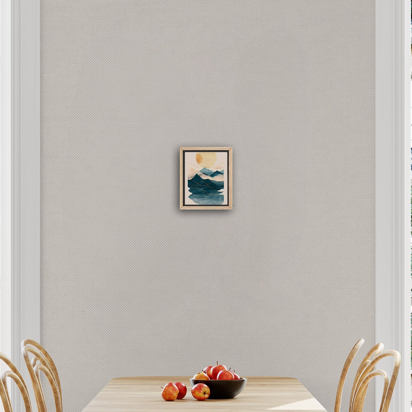 Abstract wall art featuring ocean waves, mountains, and sun - Tranquil Nature Revival