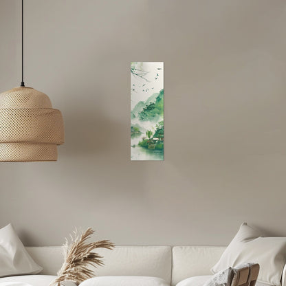 Enchanting spring scenery with green mountains and swallows flying above houses on riverbank, in traditional Chinese ink painting style - Serene Mountain Retreat