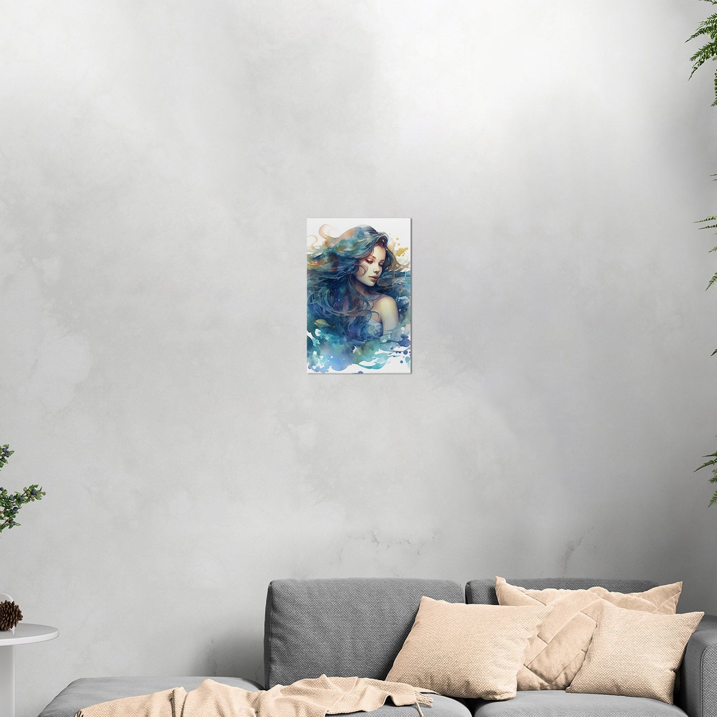 Watercolor Mermaid Portrait in Blue - Enchanting Mermaid's Mystical Underwater Dance