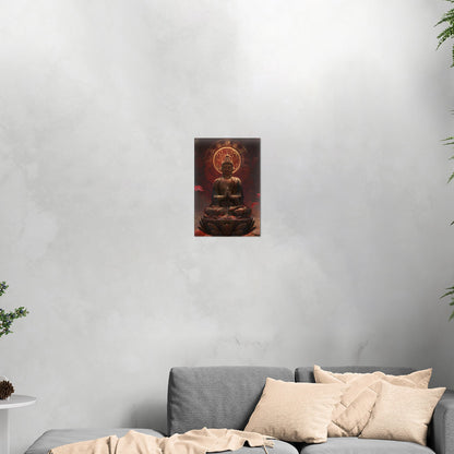 Buddha Statue in Lotus Position, Red Hues - Serene Ascension