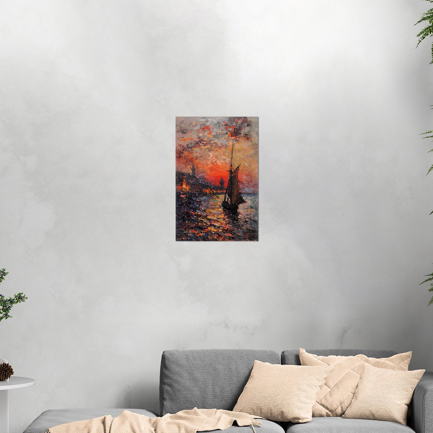 Impressionist Landscape of Sailboat Arriving at a Town - Sunset Dreams Over Lisbon Skyline Monetized