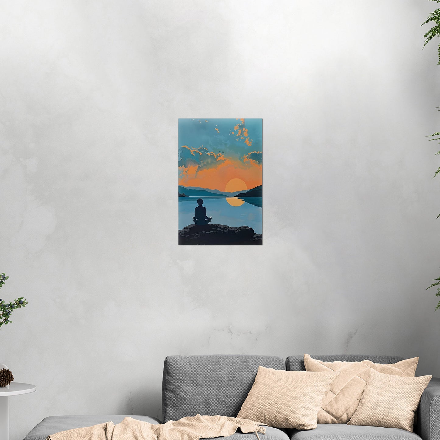 A serene landscape with a person meditating at sunrise: Transcendental Dawn Awakening