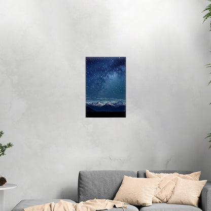 Painting of Star-filled Sky at night with Mountains as Backdrop - Starry Serenity at Midnight