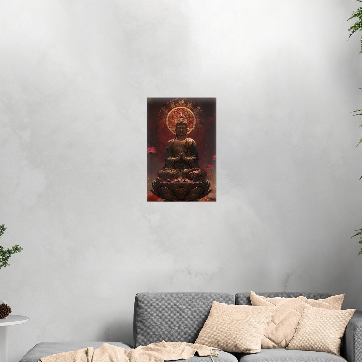 Buddha Statue in Lotus Position, Red Hues - Serene Ascension