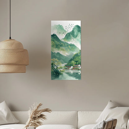 Asian Landscape watercolor with village and green mountains - Ethereal Spring Whispers