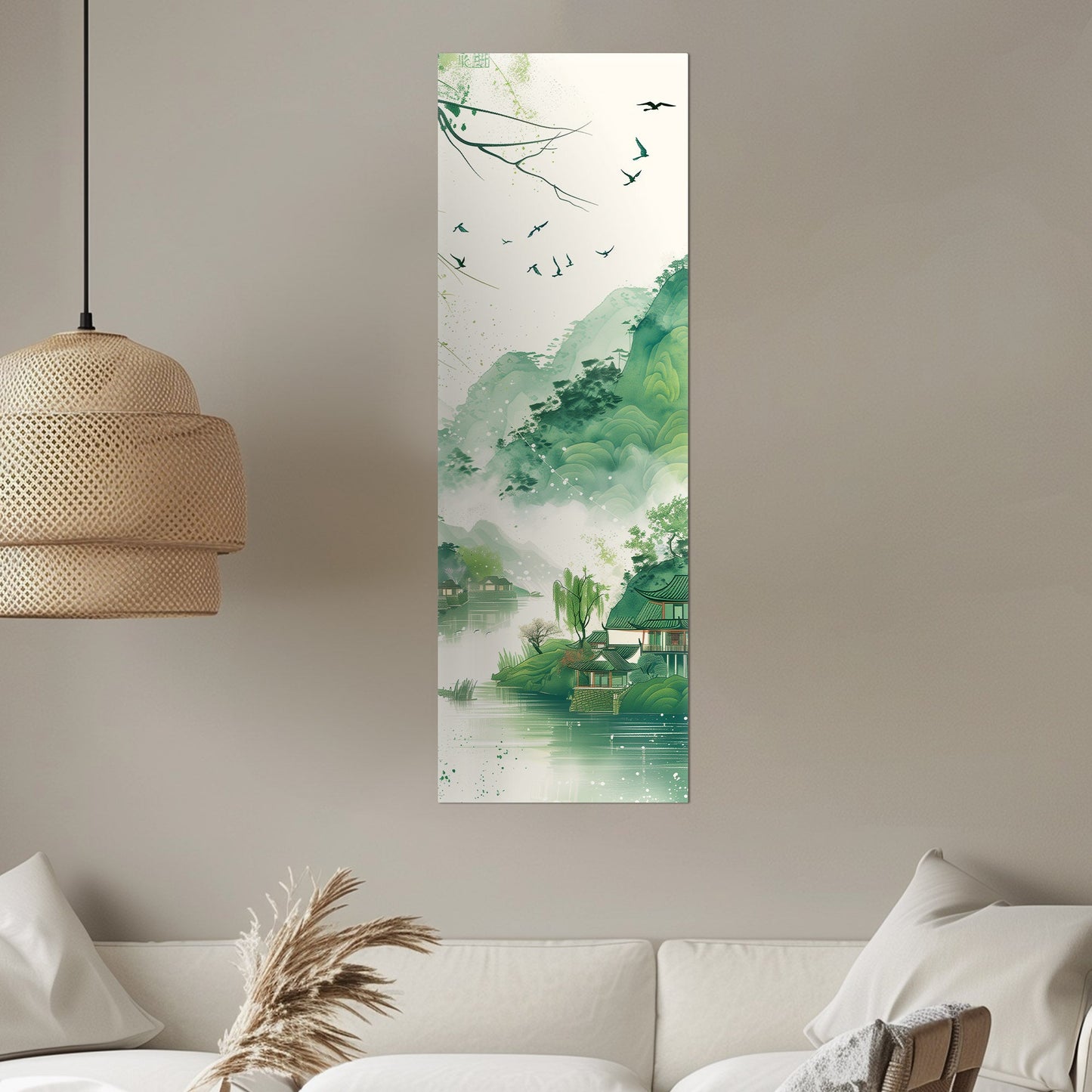 Enchanting spring scenery with green mountains and swallows flying above houses on riverbank, in traditional Chinese ink painting style - Serene Mountain Retreat