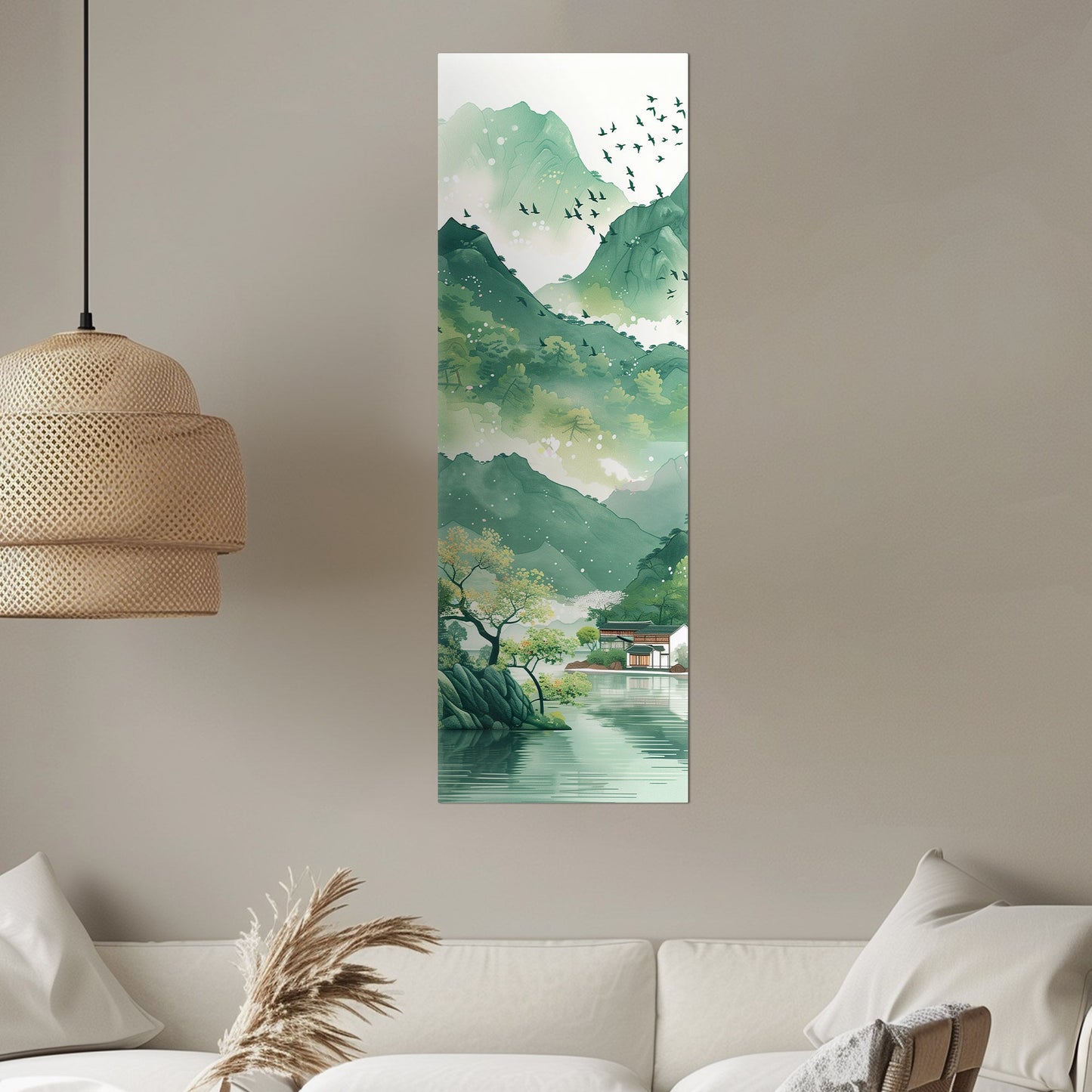 Asian Landscape watercolor with village and green mountains - Ethereal Spring Whispers