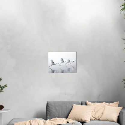 Tranquil wall art depicting elegant egrets flying over serene lake - Serene Flight