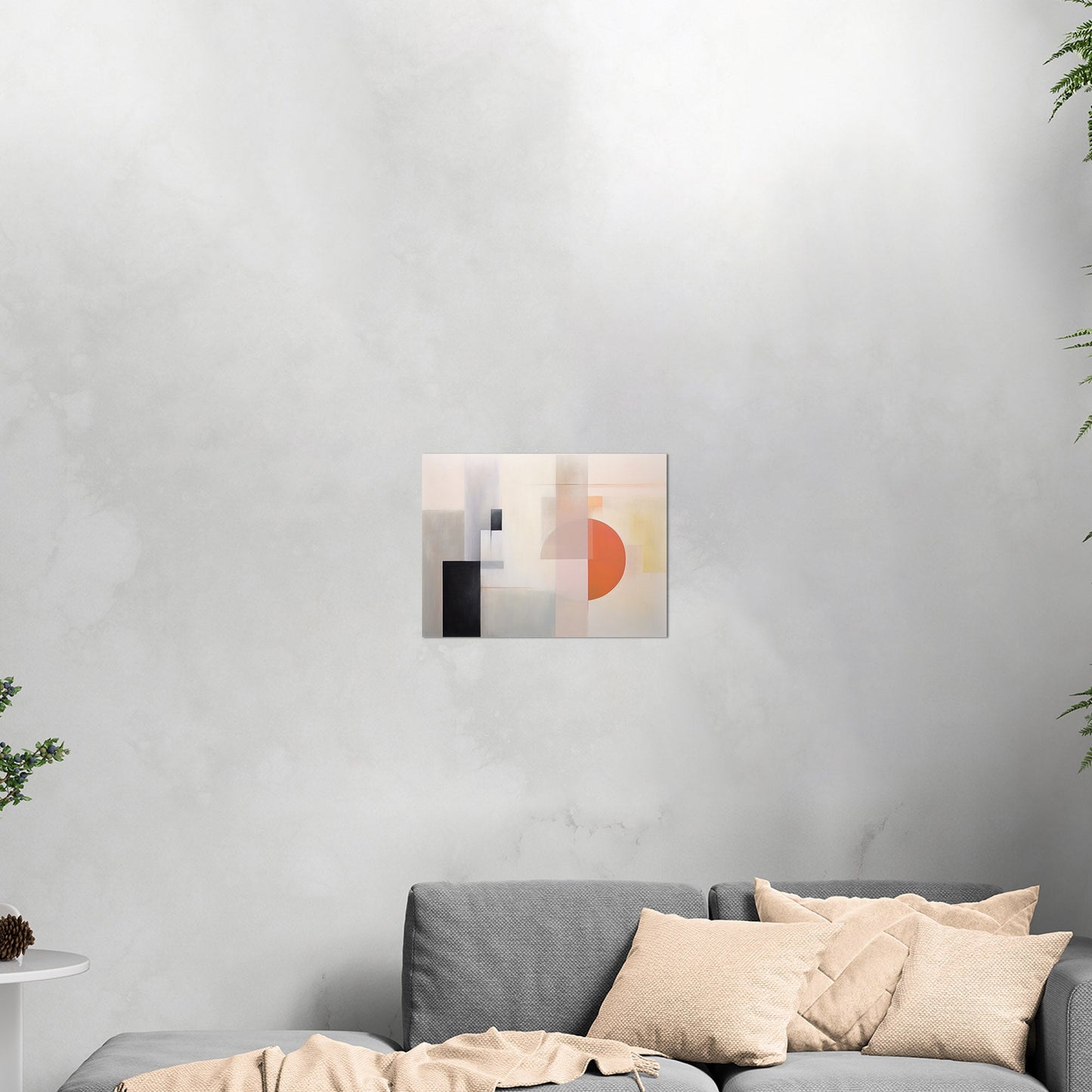 Abstract Geometric Black, Grey, Orange Shapes Painting - Mystic Horizon