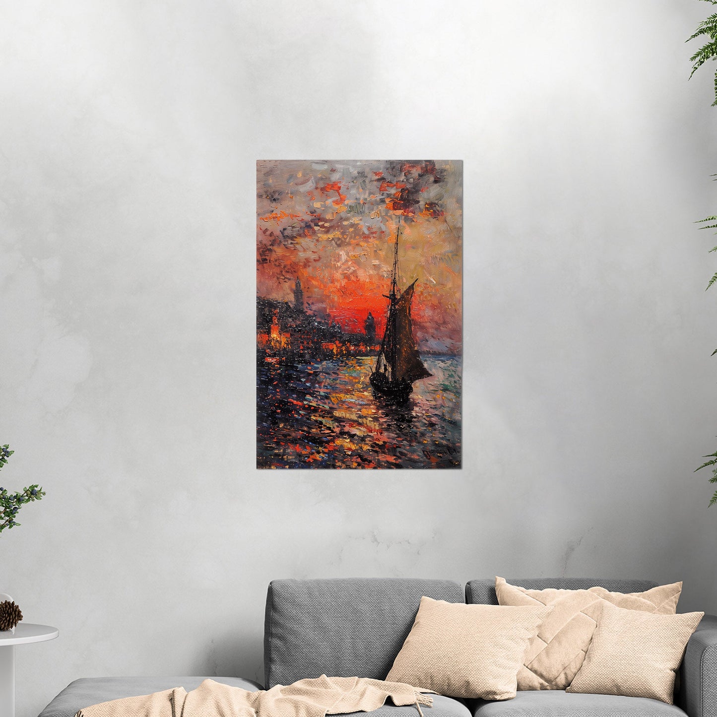 Impressionist Landscape of Sailboat Arriving at a Town - Sunset Dreams Over Lisbon Skyline Monetized