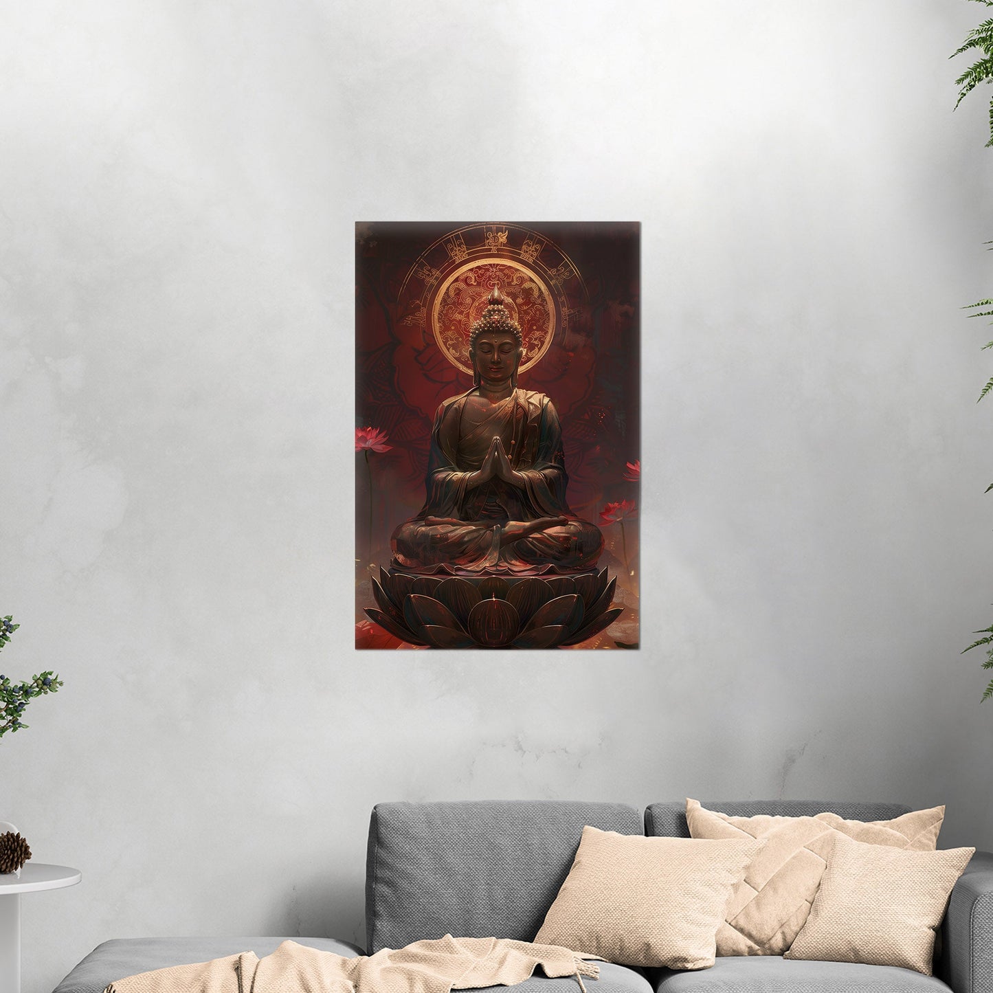 Buddha Statue in Lotus Position, Red Hues - Serene Ascension