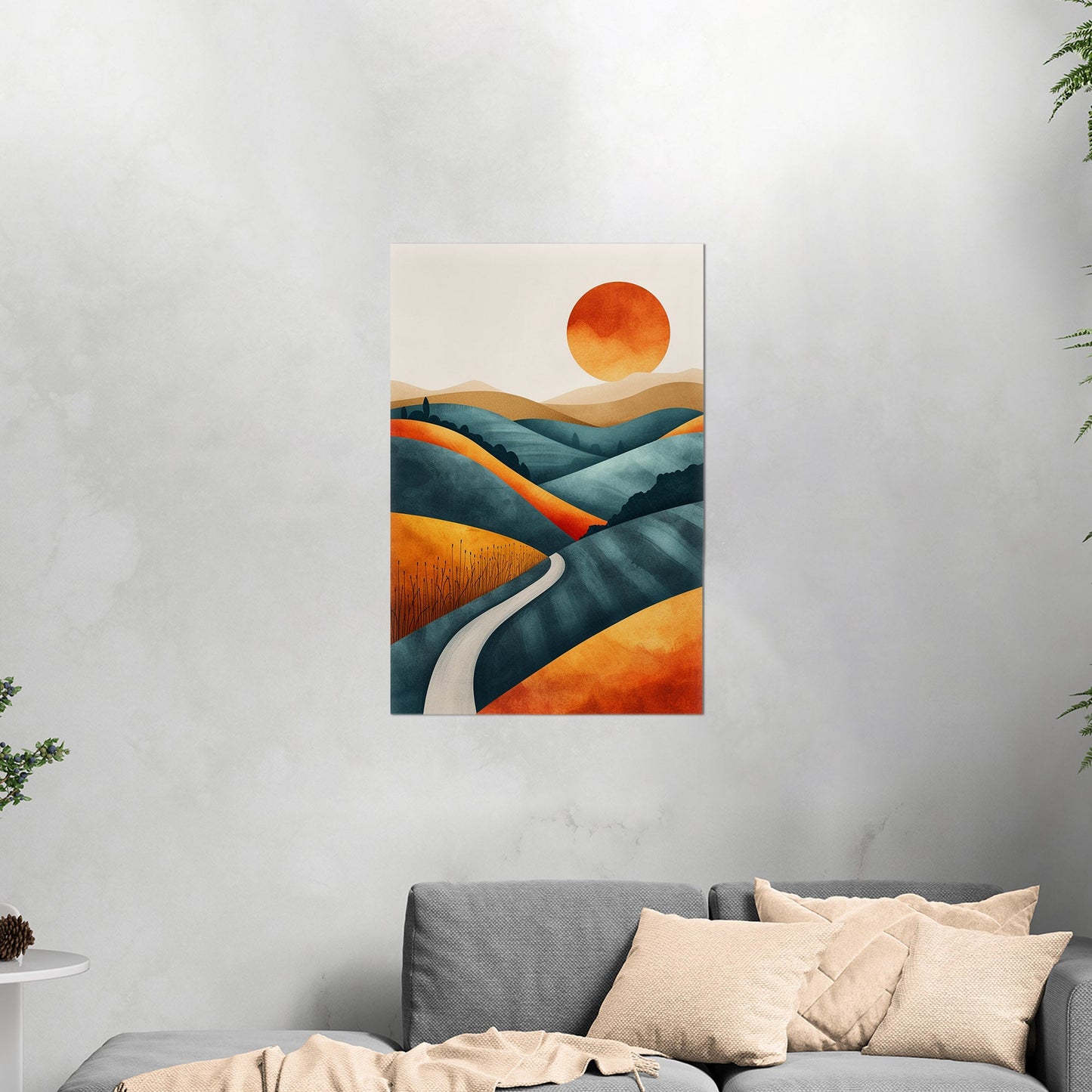 Abstract Hills at Sunset in Orange and Blue - Vivid Dreamscape: Path to Serenity