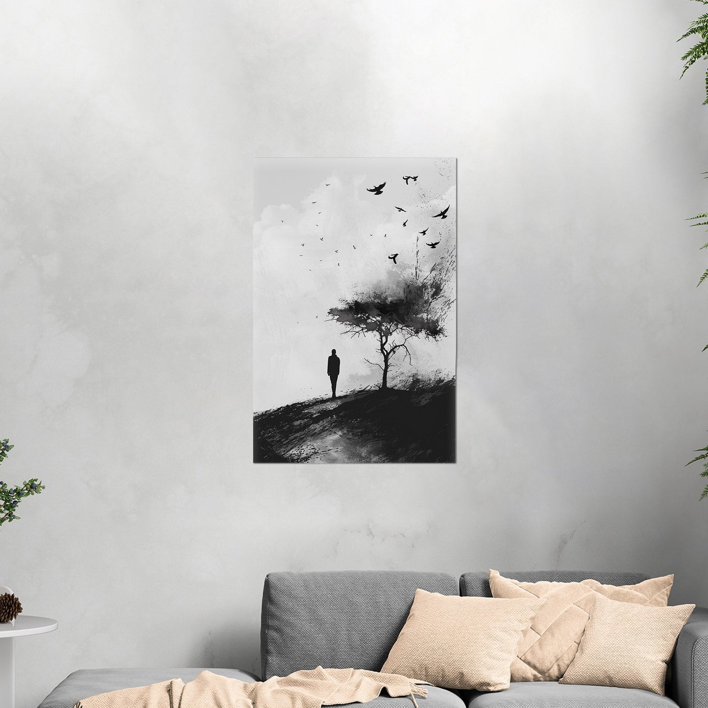 Painting of Silhouetted Man by a Tree with Blackbirds- Elegance in Monochrome