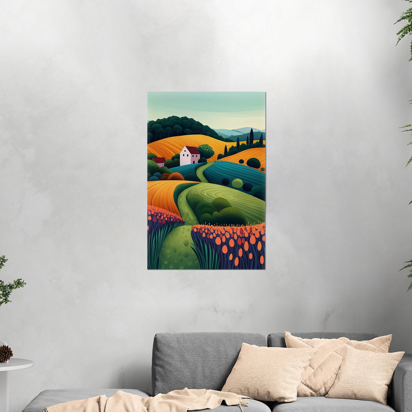 Stylized Digital Illustration of Countryside Vista - Dynamic Dreamscape