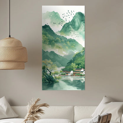 Asian Landscape watercolor with village and green mountains - Ethereal Spring Whispers