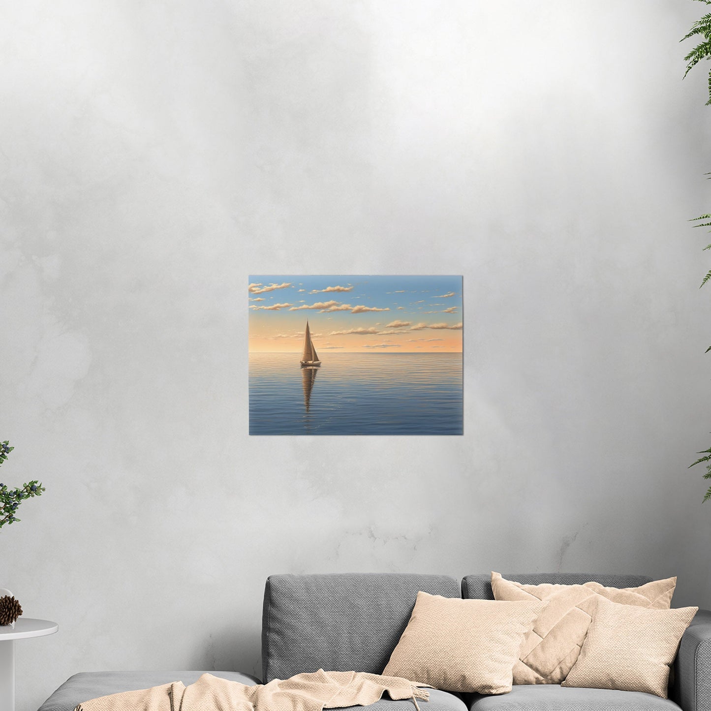 Lone Sailboat at Sunset Painting - Tranquil Sails on the Vast Horizon