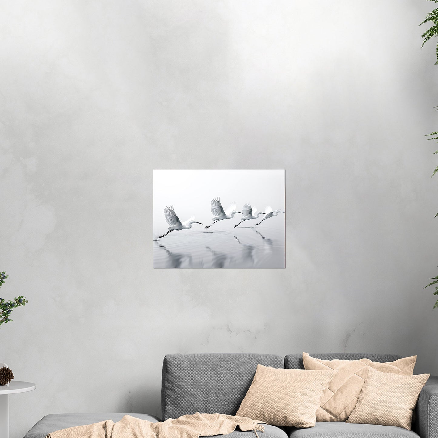 Tranquil wall art depicting elegant egrets flying over serene lake - Serene Flight