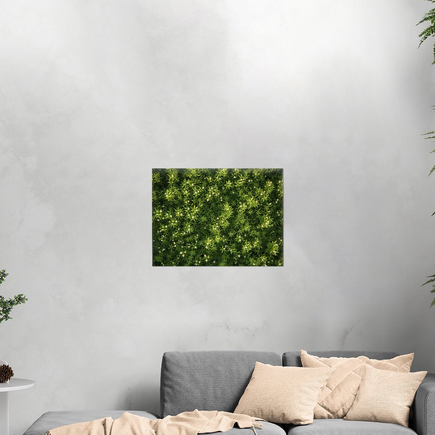 Stunning wall art with lush greens and tiny wildflowers - Enchanted Oasis