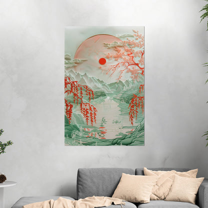 Asian Paper cut style landscape art - Ethereal Willow Dance on Crimson River