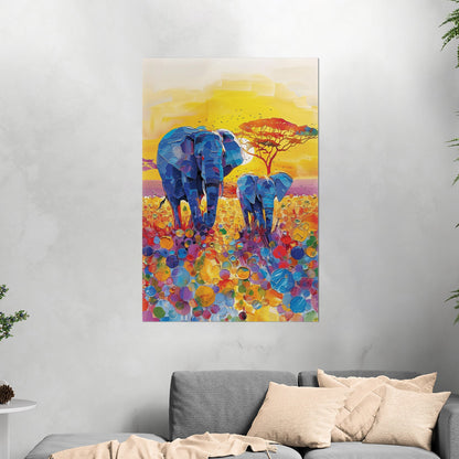 Impressionist Elephant with Child Wandering the Sahara - Elephant Bonding at Sunset