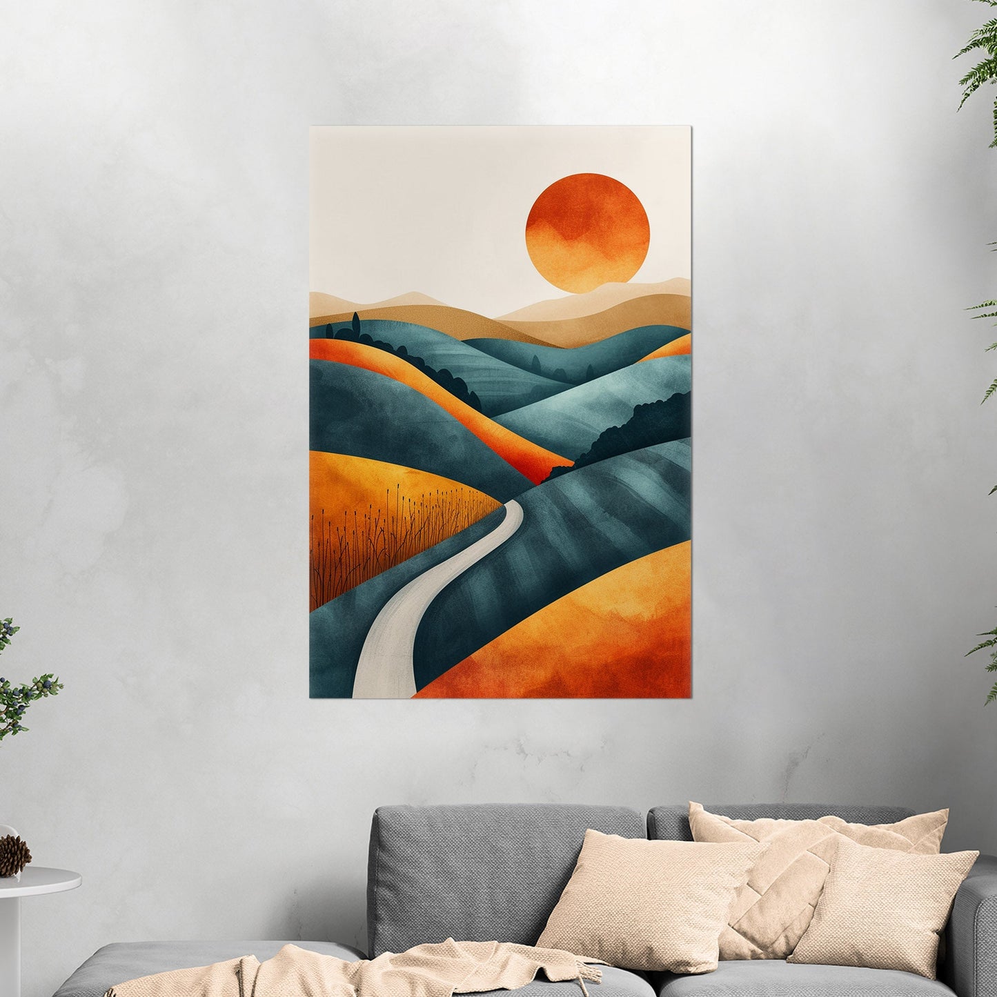 Abstract Hills at Sunset in Orange and Blue - Vivid Dreamscape: Path to Serenity