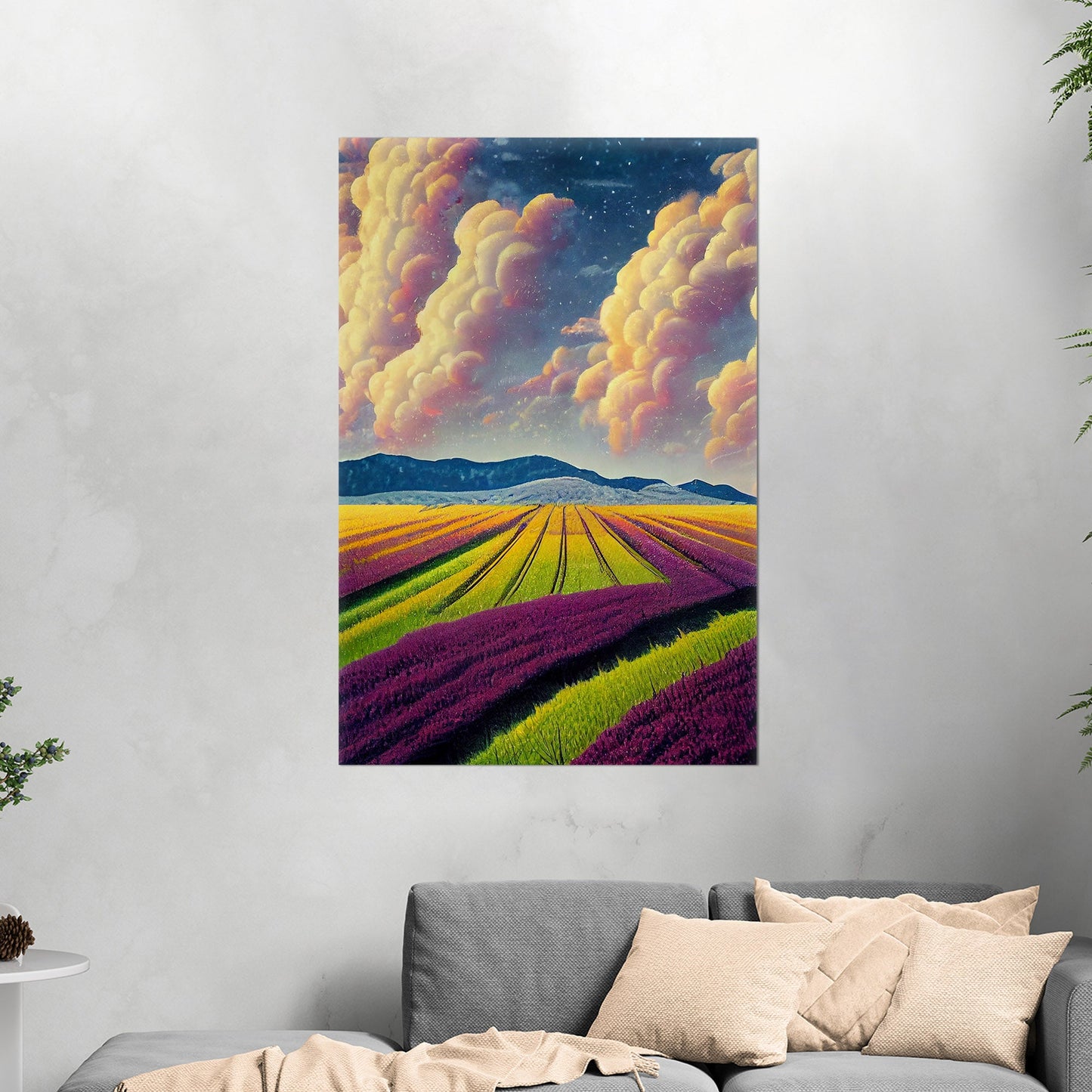 Surreal Whimsical Grape Fields Landscape Illustration - The Grape Sky